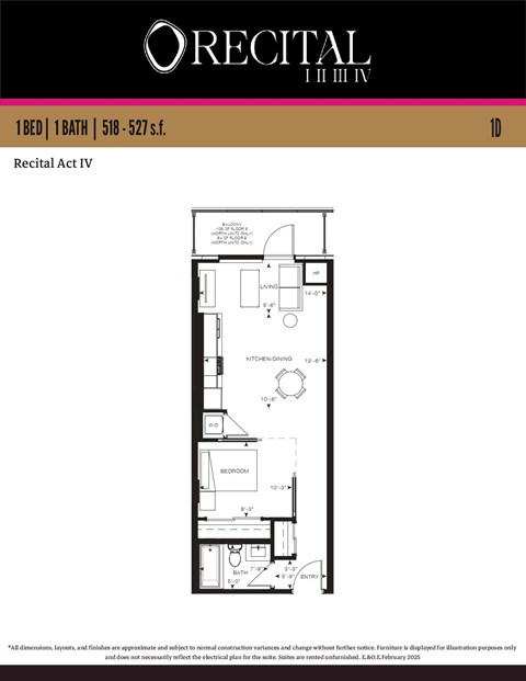 Floor plan for 1 bed, 1 bath, 527 sqft